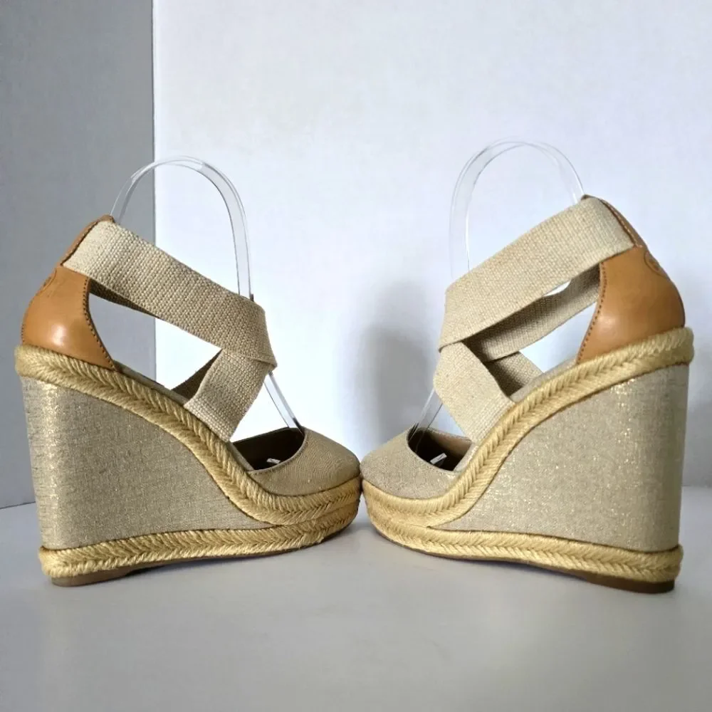Tory Burch Kate Linen Espadrille Natural Gold Wedge Size 6